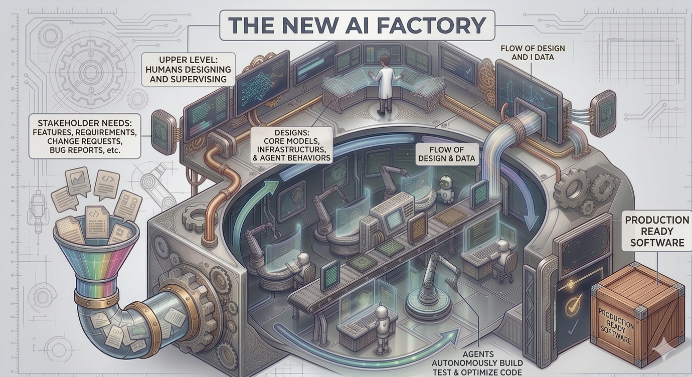 Infographic contrasting human-led development with an AI factory: structured intent feeds specialized agent workstations in an iterative loop, then quality checks, ending in production-ready delivered software.
