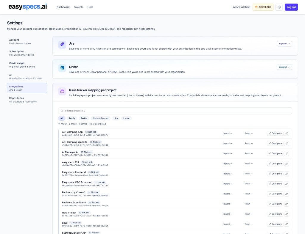 EasySpecs Integrations settings for Jira and Linear with project Import and Push
