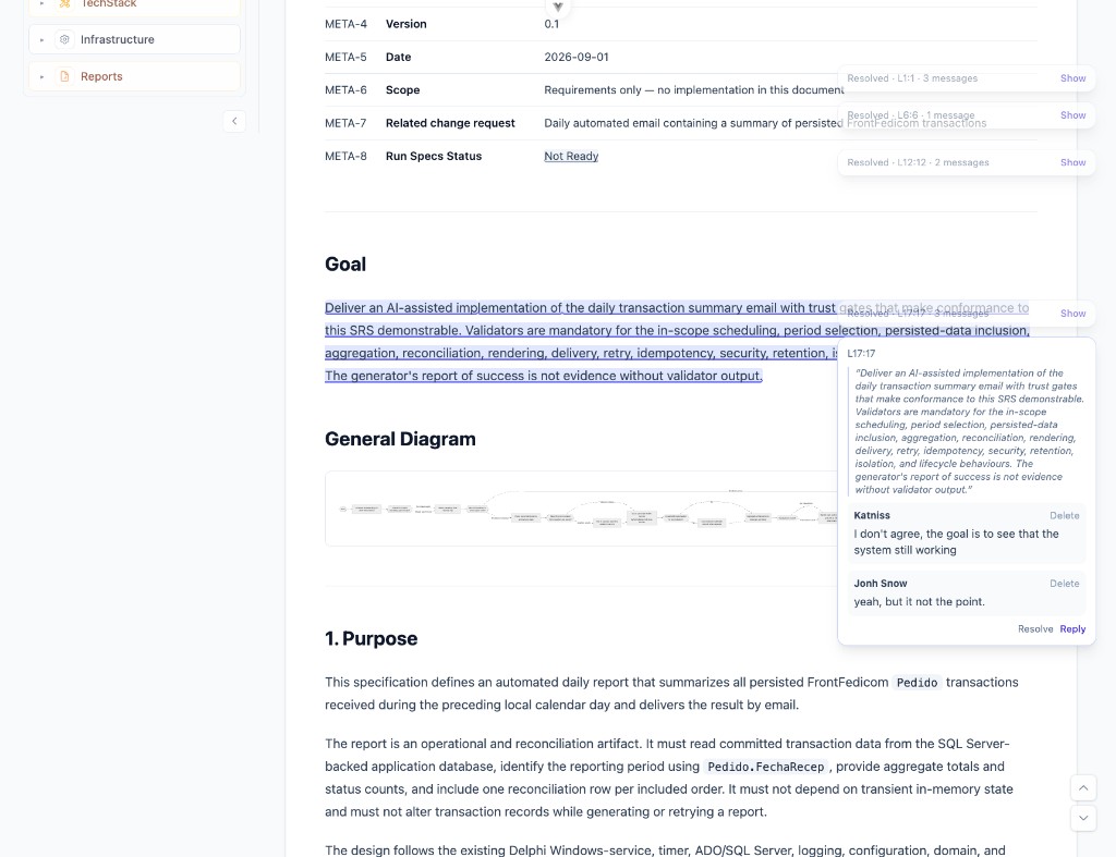 Spec document with review comment thread, Reply, and Resolve actions